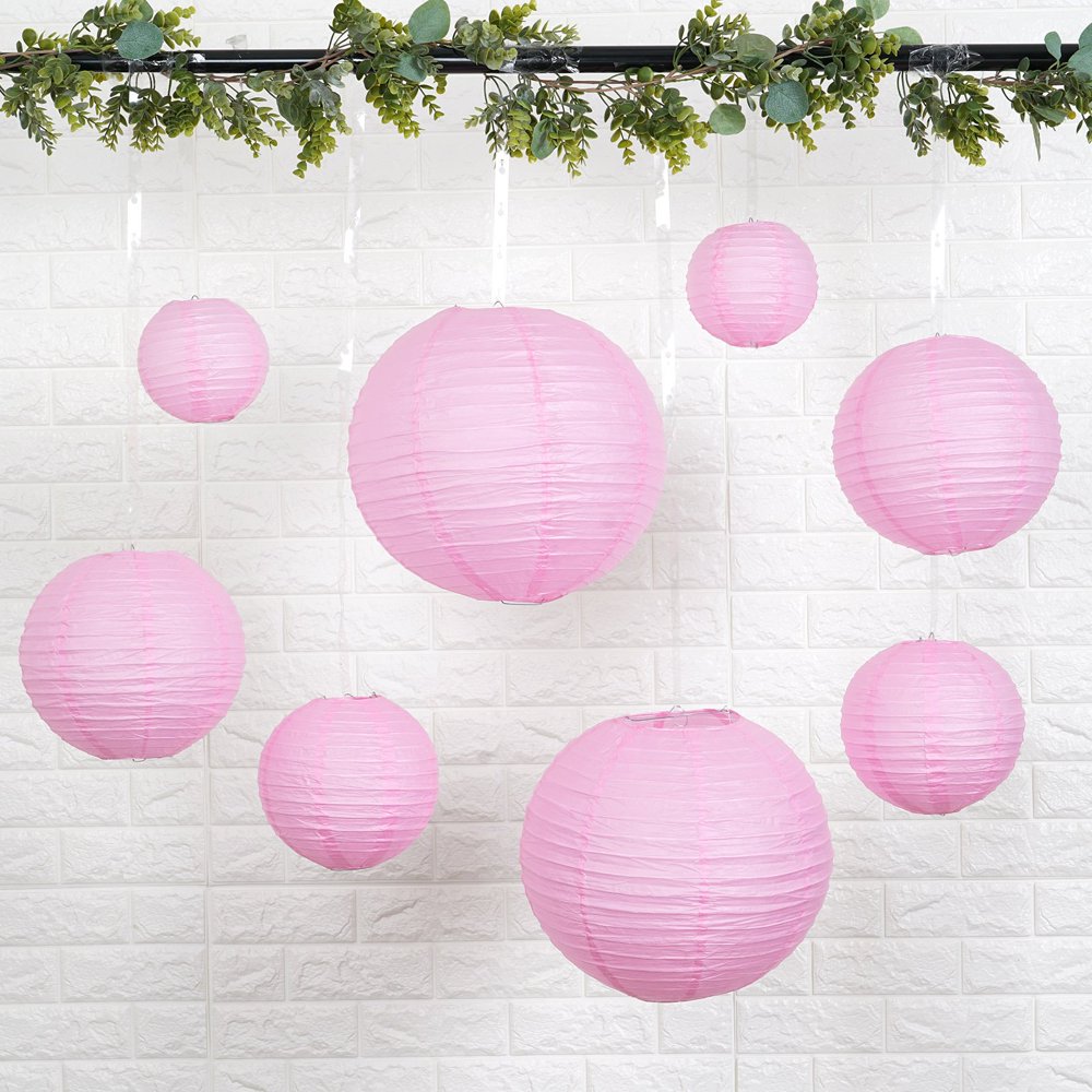 Efavormart Set of 8 Pink Chinese Lanterns Hanging Paper Lanterns With Metal Frame 6"/8"/10"/14