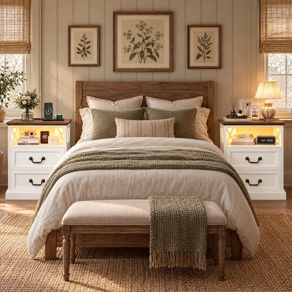 Hiphuta Farmhouse Set of 2 Nightstands with Charge Station, Wood End Table with 3 Drawers for Adult Bedroom, LEDS Bedside Table for Living Room, White