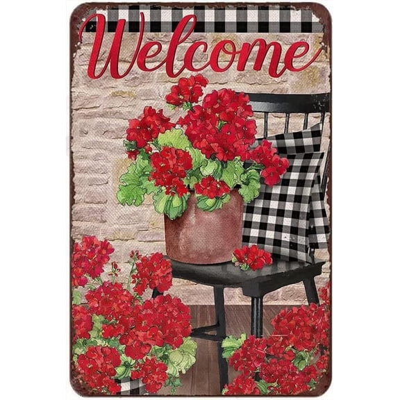 Welcome Spring Red Geranium Vintage Tin Wall Art Metal Sign, Retro Home Decor, 8 x 12 Inch
