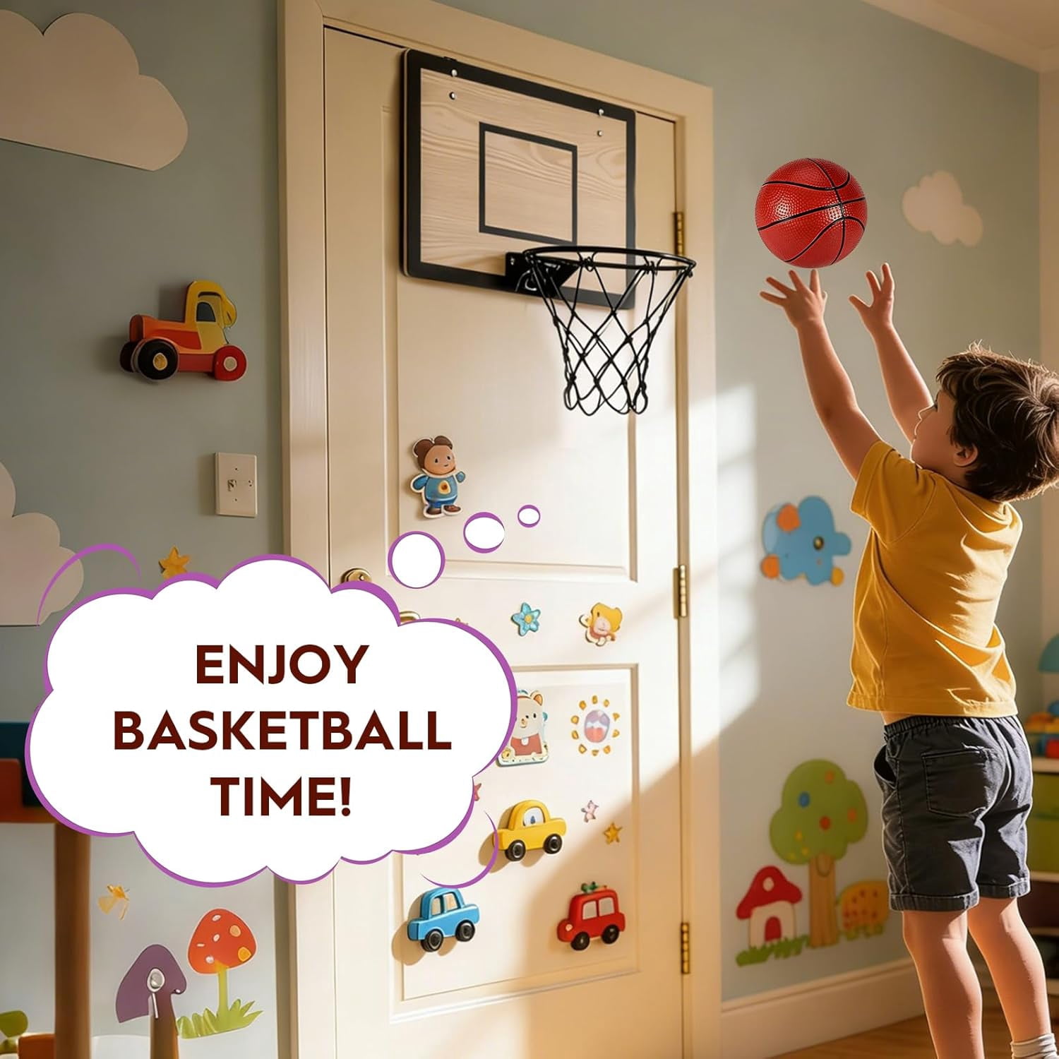 Indoor Mini Basketball Hoop Set for Kids Teens Adults, Wooden Over-The-Door Hoop with 4 Balls and Air Pump
