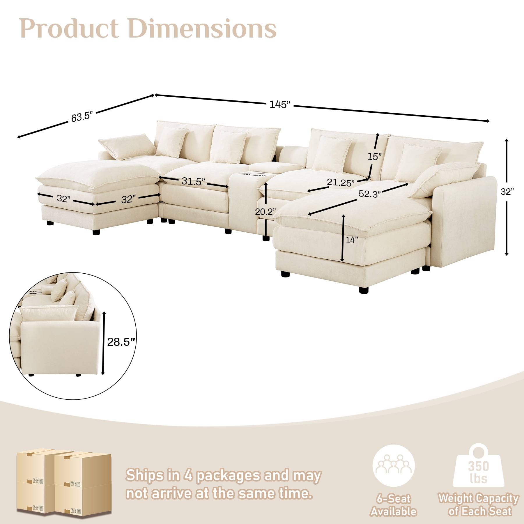 Wiilayok 145" U Shaped Sectional Sofa,Chenille Cloud Modular Sectional Sofa Couch Set with Double Chaise,Central Console,Cup Holder for Living Room,Beige