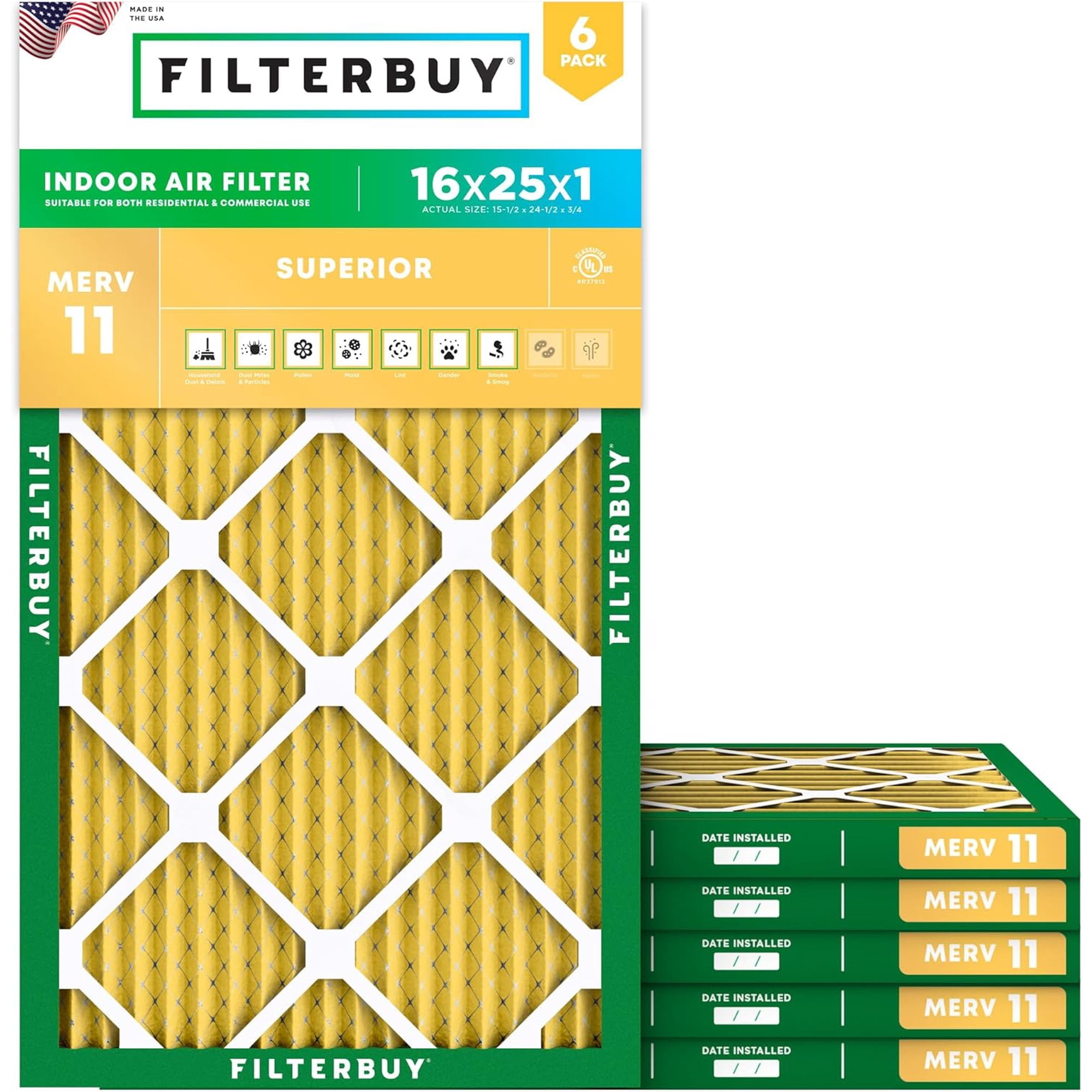 Filterbuy 16x25x1 Air Filter MERV 11 Allergy Defense, Pleated HVAC AC Furnace Filter Replacement, 6-Pack