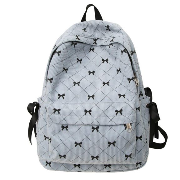 Corduroy Backpack with Bow Print, 15.7inch Laptop Quilted Backpack with Multi-Pocket Design Casual Daypack for Women