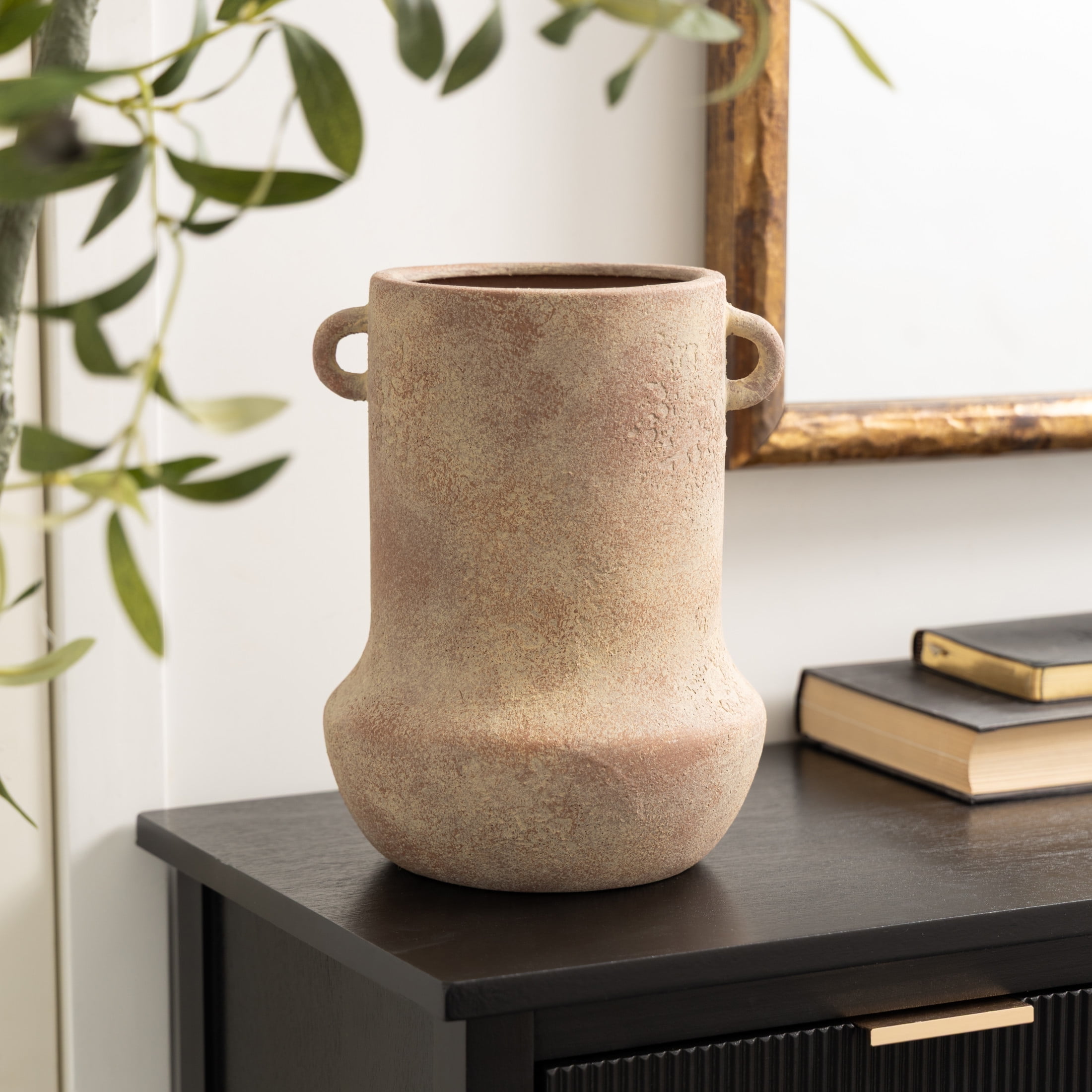DecMode 10" Antique Style Textured Beige Ceramic Vase with Handles