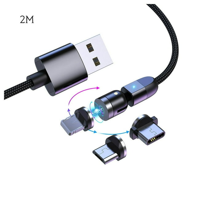 Data Cable Suction Heads USB Charger Line 3-in-1 Rotation Mobile Phone Fast Charging Cord Purple 2m
