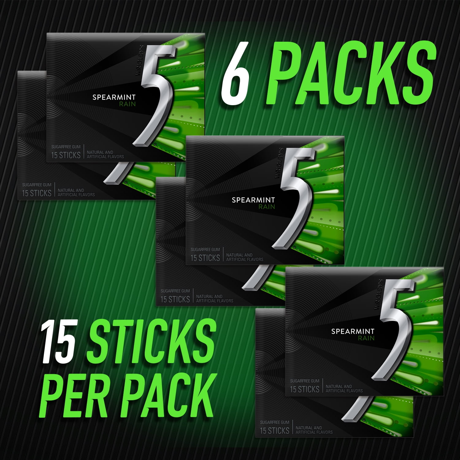 (3 pack) 5 Gum Spearmint Rain Sugar Free Chewing Gum - 15 Ct (6 pack)