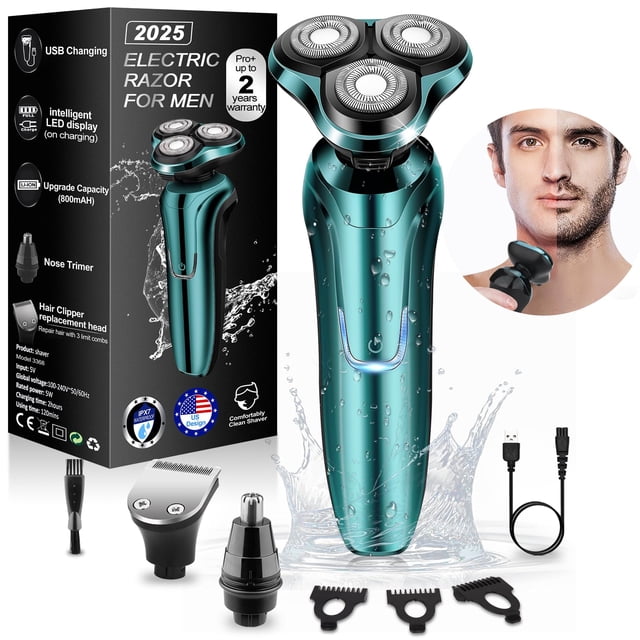 Maquinilla de afeitar eléctrica para hombres, afeitadoras rotativas para hombres, afeitadora eléctrica recargable impermeable, húmeda y seca para rostros de hombres con cabezal inalámbrico y flotante,