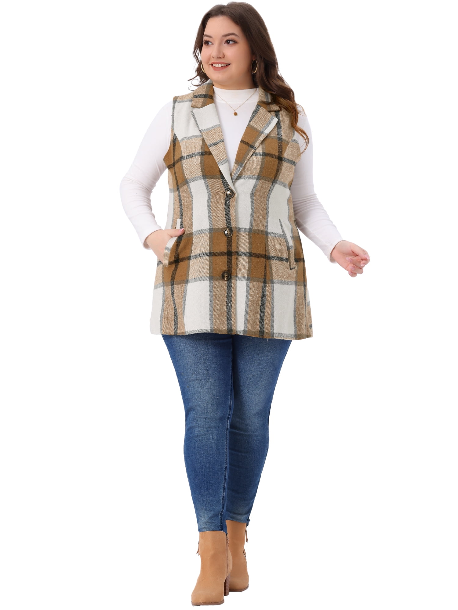 DARING DIVA Women's Plus Size Plaid Curvy Notched Lapel Vest 2X Brown