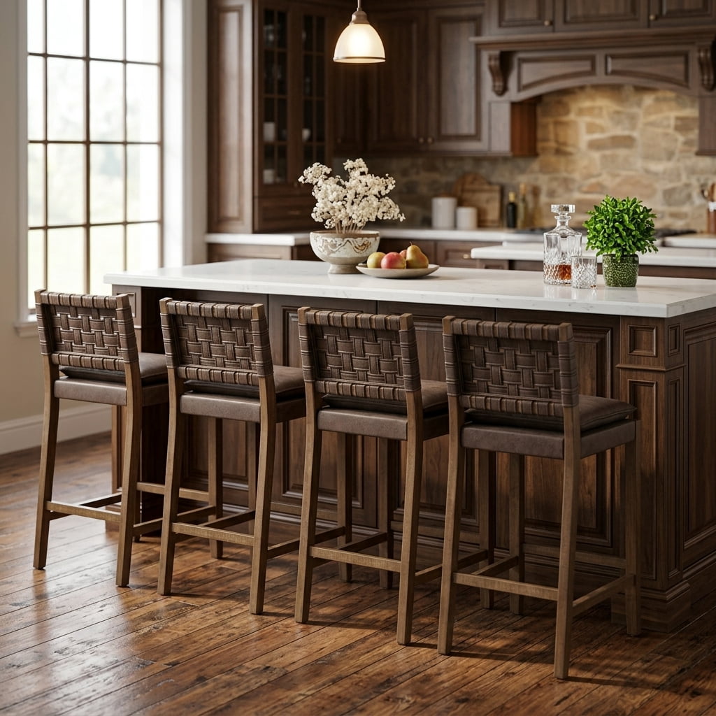 Guyou 26" Rattan Bar Stools Set of 4, Farmhouse Woven Wooden Counter Height Stools with Footrest, Leather Upholstered Bar Chairs for Kitchen Island, Pub & Bar, Brown