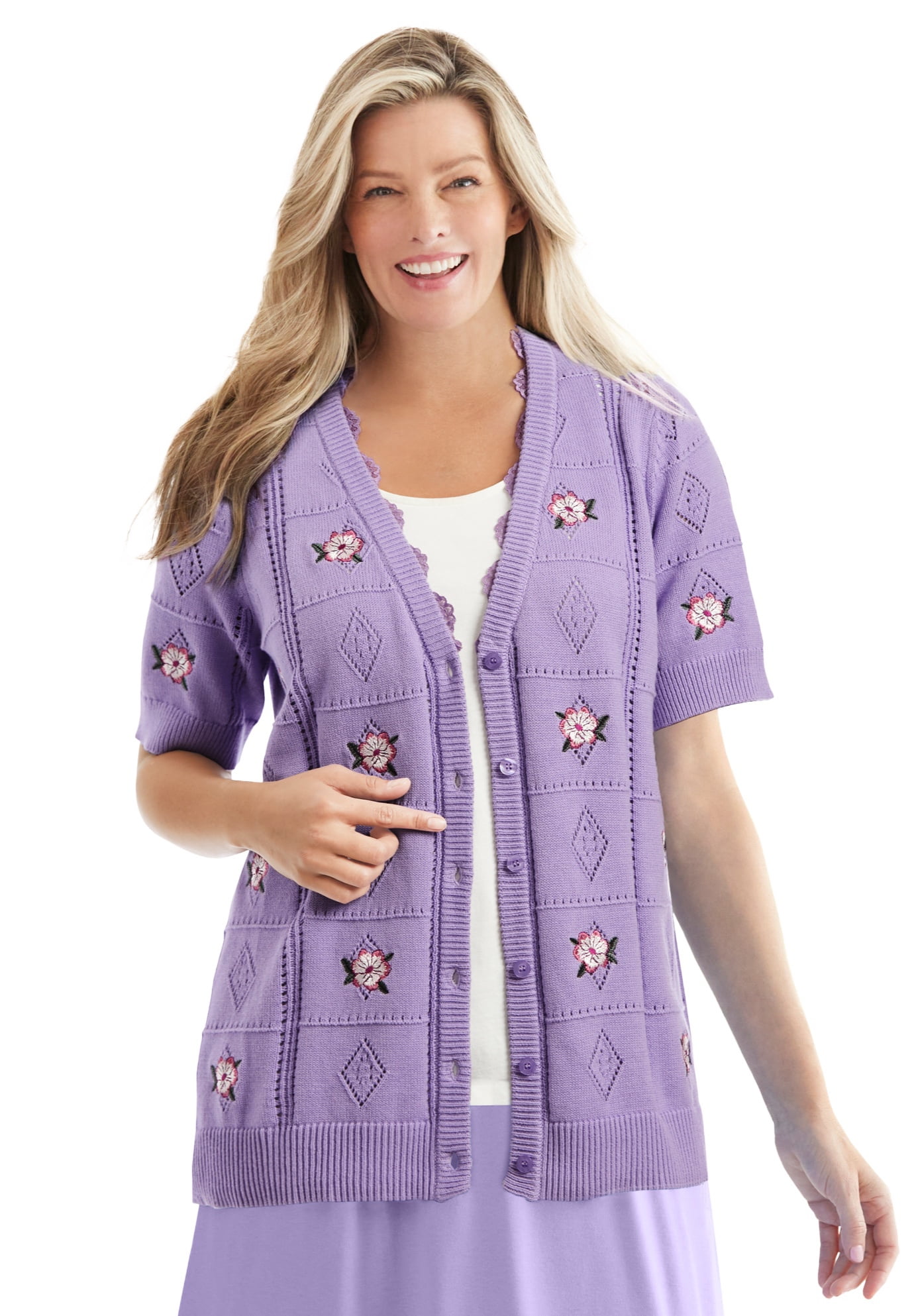 Woman Within Women's Plus Size Pointelle ElbowLength Cardigan