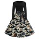 thumbnail image 1 of Vestido vintage de Halloween para mujer, vestido de fiesta con estampado de murciélago y calabaza de manga larga, corte en A y cinturón, 1 of 3