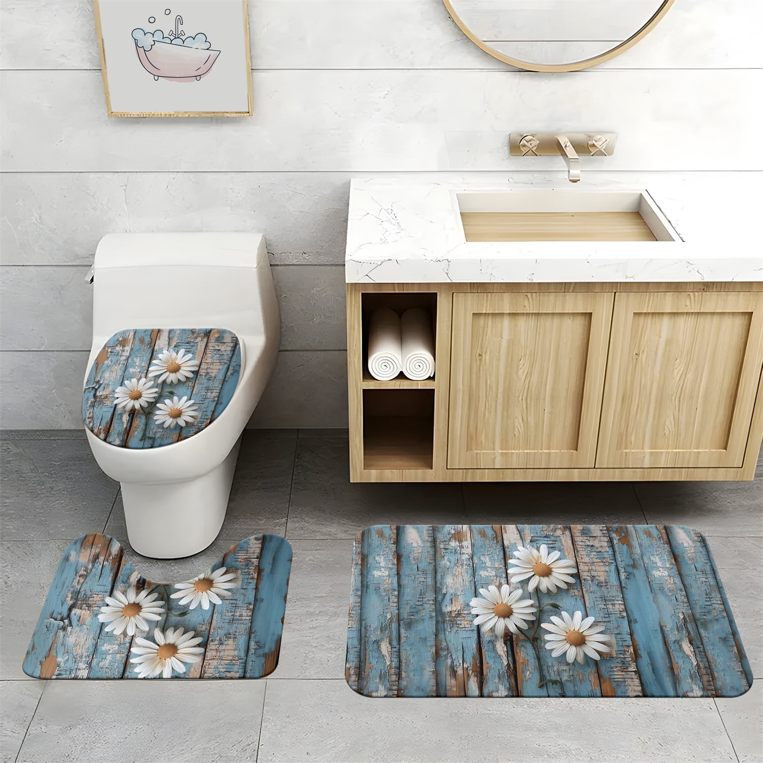 4pcs Rustic Wood and Blue Daisy Floral Farmhouse Shower Curtain Set