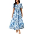thumbnail image 1 of Vestido Maxi de Mujer Inspire Chic con Escote en V, Mangas de Volante, Capa de Volantes, Casual, Largo, Azul y Blanco, Talla M, 1 of 5