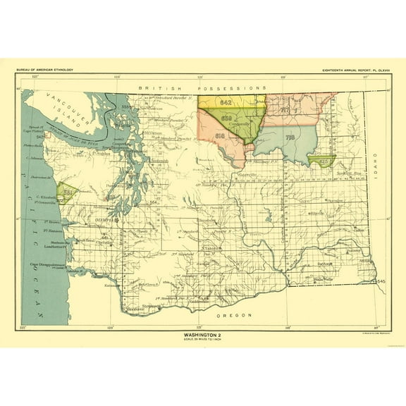 Historic State Map - Washington - Hoen 1896 - Vintage Wall Art