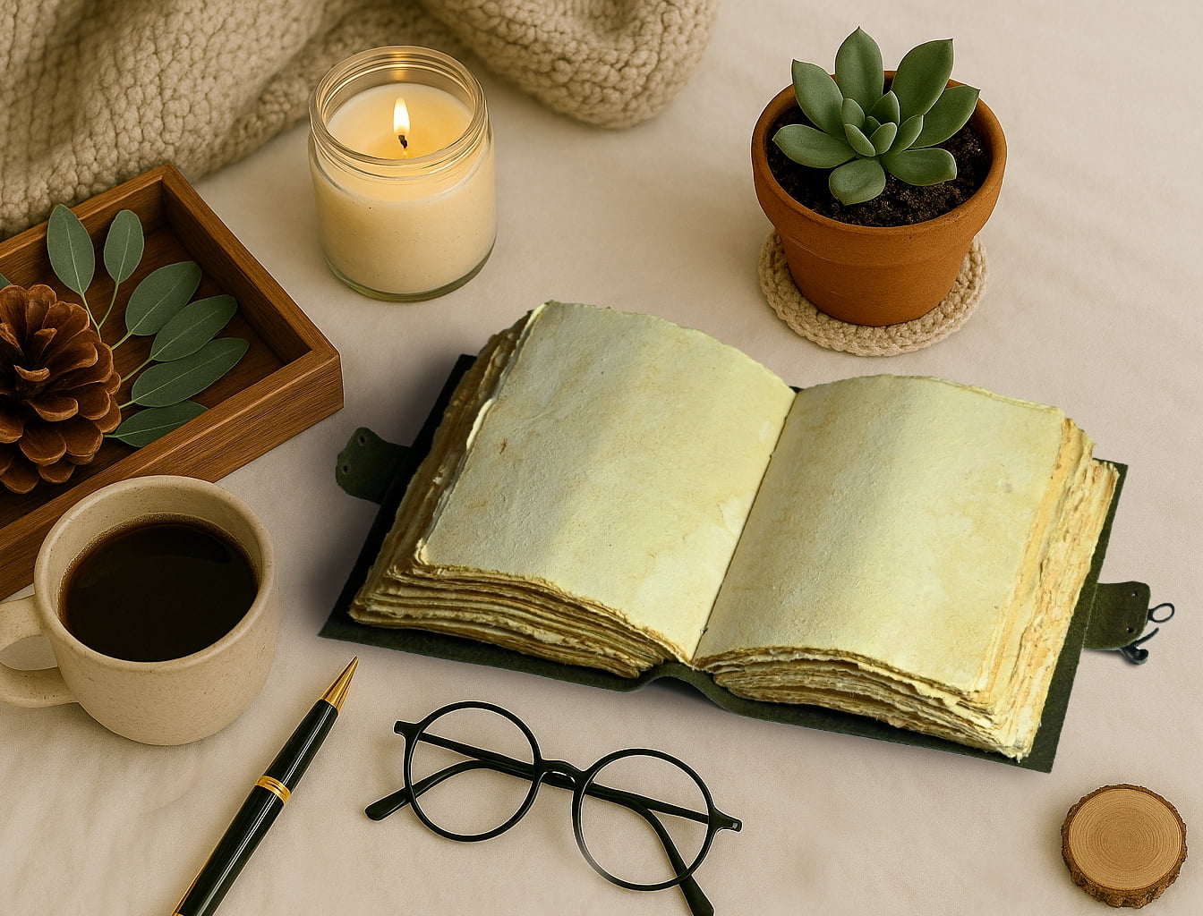 Leather Journal - Antique Handmade Deckle Edge Vintage Paper Leather Bound Journal - Book of Shadows Journal - Leather Sketchbook - Drawing Journal - Great Gift 8x6 Inch