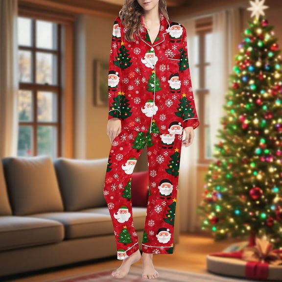Censtreet Christmas Womens Pajama Sets 2 Piece Long Sleeve Sleepwear Soft Button Down Pjs Lounge Set