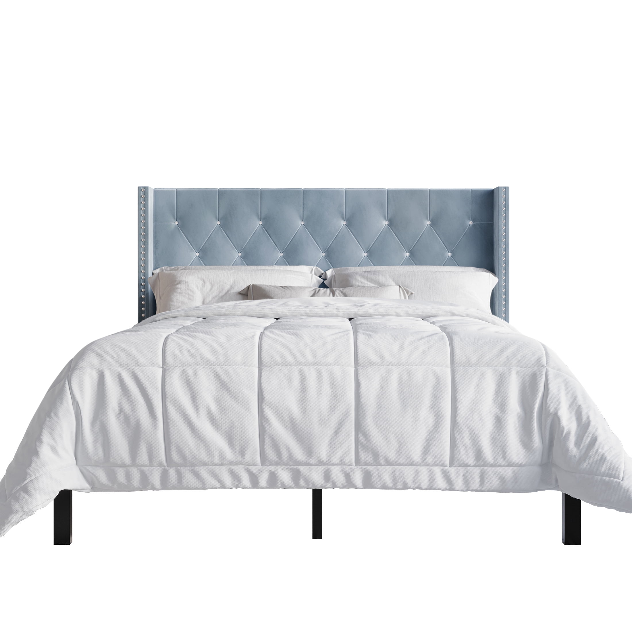 Castle Place Button Tufted Wingback Velvet Upholstered Bed with 2 Nightstands, Light Blue, Queen
