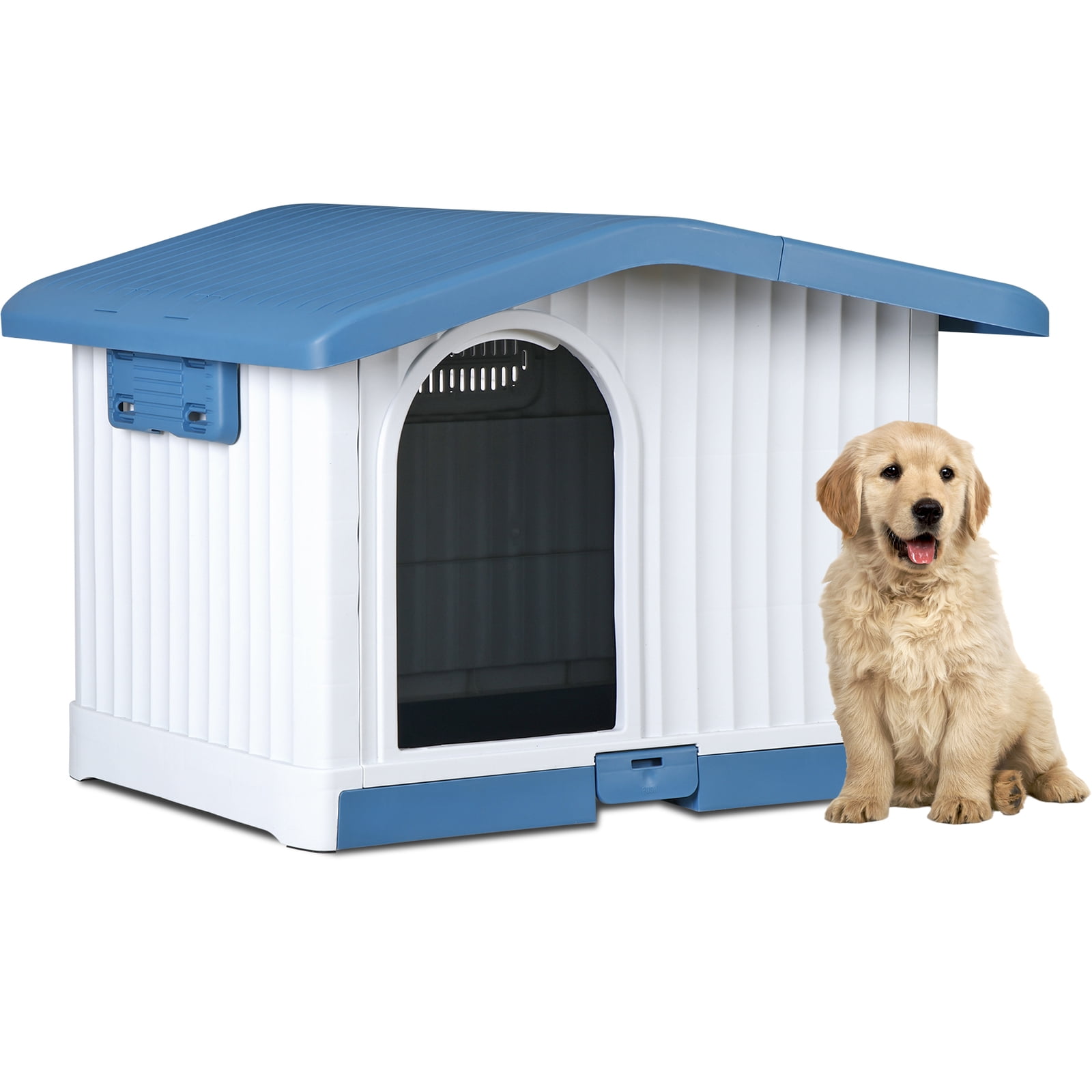 LINJH Plastic Dog House Indoor Outdoor Pet Shelter with Liftable Roof and Bar Window