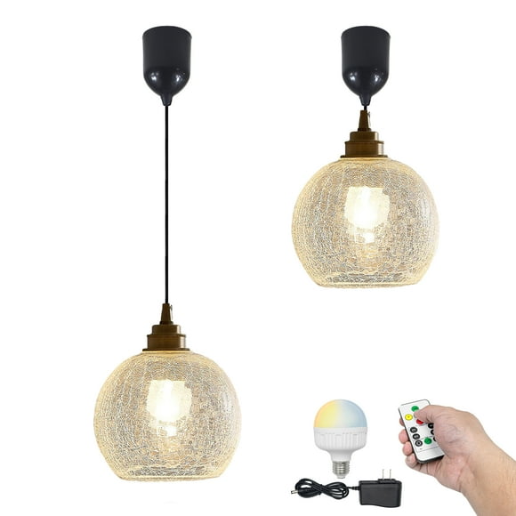 FSLiving Battery Rechargeable Operated Pendant Light with Remote,Modern Hanging Light with Cracked Glass Rounded Shade,Adjustable Height RGB Color,Timer,Dimmable Lamp for Corner Decor - 2 Lights