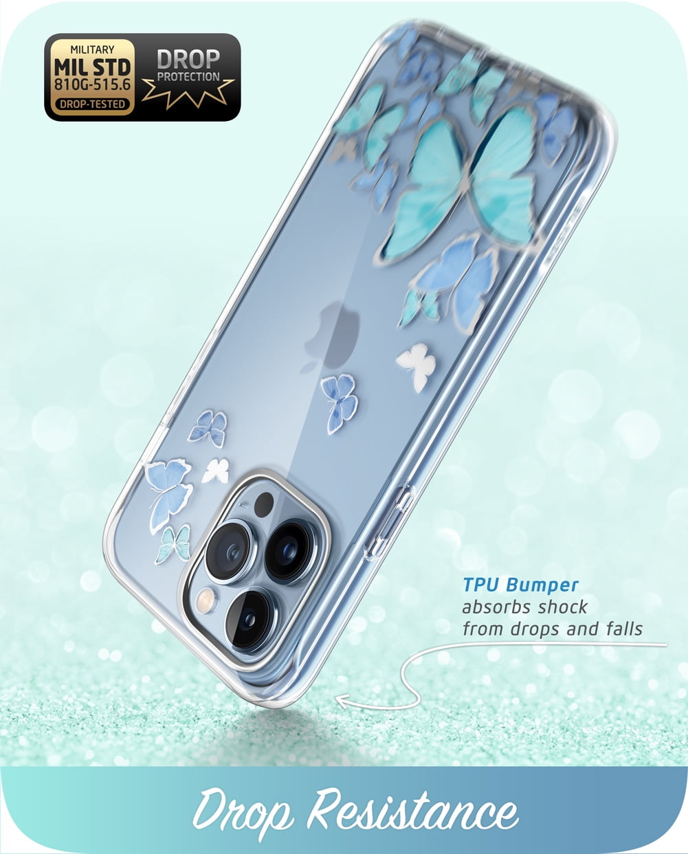 i-Blason Cosmo Series iPhone 13 Pro Max Case 6.7 inch (2021 Release), Slim Full-Body Stylish Protective Case for iPhone 13 Pro Max with Built-in Screen Protector (Blue Butterfly)