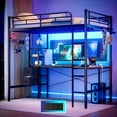 thumbnail image 1 of KOUSEI Twin Metal Loft Bed Frame with LED Lights&Charging Station&L-Shaped Desk,Black, 1 of 11