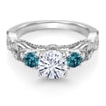 thumbnail image 2 of Gem Stone King 925 Sterling Silver White Moissanite and London Blue Topaz Engagement Ring for Women (1.33 Cttw, Gemstone, Round 6MM and 3MM, Size 7), 2 of 4