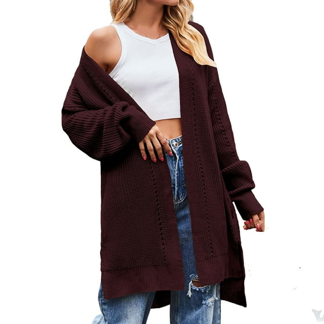 AherBiu Cardigans pour Femmes, Tricot Côtelé, Mi-Long, Fendu, Automne Hiver, Vêtements pour Femmes