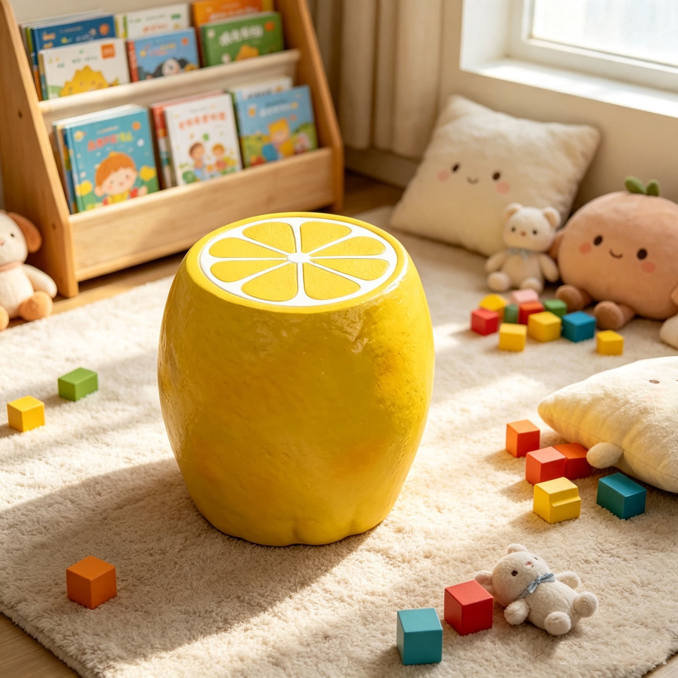 Noble House Lemon Fruit Stool, Cute Fairy Decorative Statue, Outdoor Creative Figurine Seat for Patio, Garden, Yellow