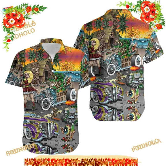 Rat Fink And The Hot Rod 3D Funny Hawaiian Shirt