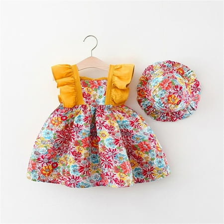 

Toddler Baby Girls Summer Princess Dresses Vacation Sleeveless Hat Set Ruffles Floral Dress