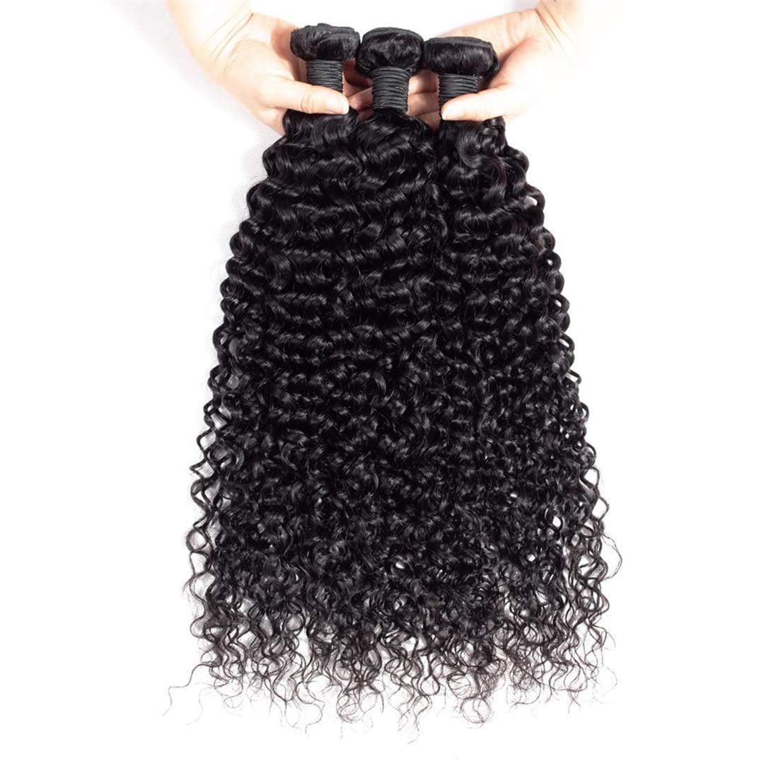 Jerry Curly Human Hair 3 Bundles with 4x4 Lace Closure Pre-Plucked 100% Unprocessed Brazilian Hair Weave Bundles Natural Black Color: 20"22"24"+ Closure 22"
