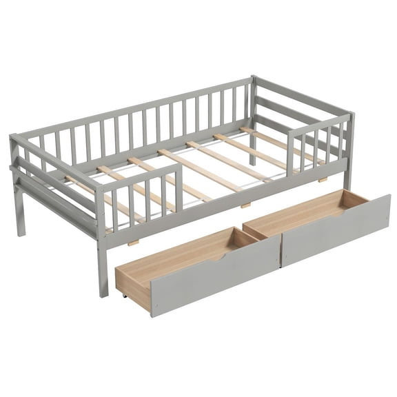 Spaco Twin Size Daybed, Montessori Style 2-in-1 Sofa/Bed, 2 Large Storage Drawers, Safety Railings, No Box Spring Required, Gray