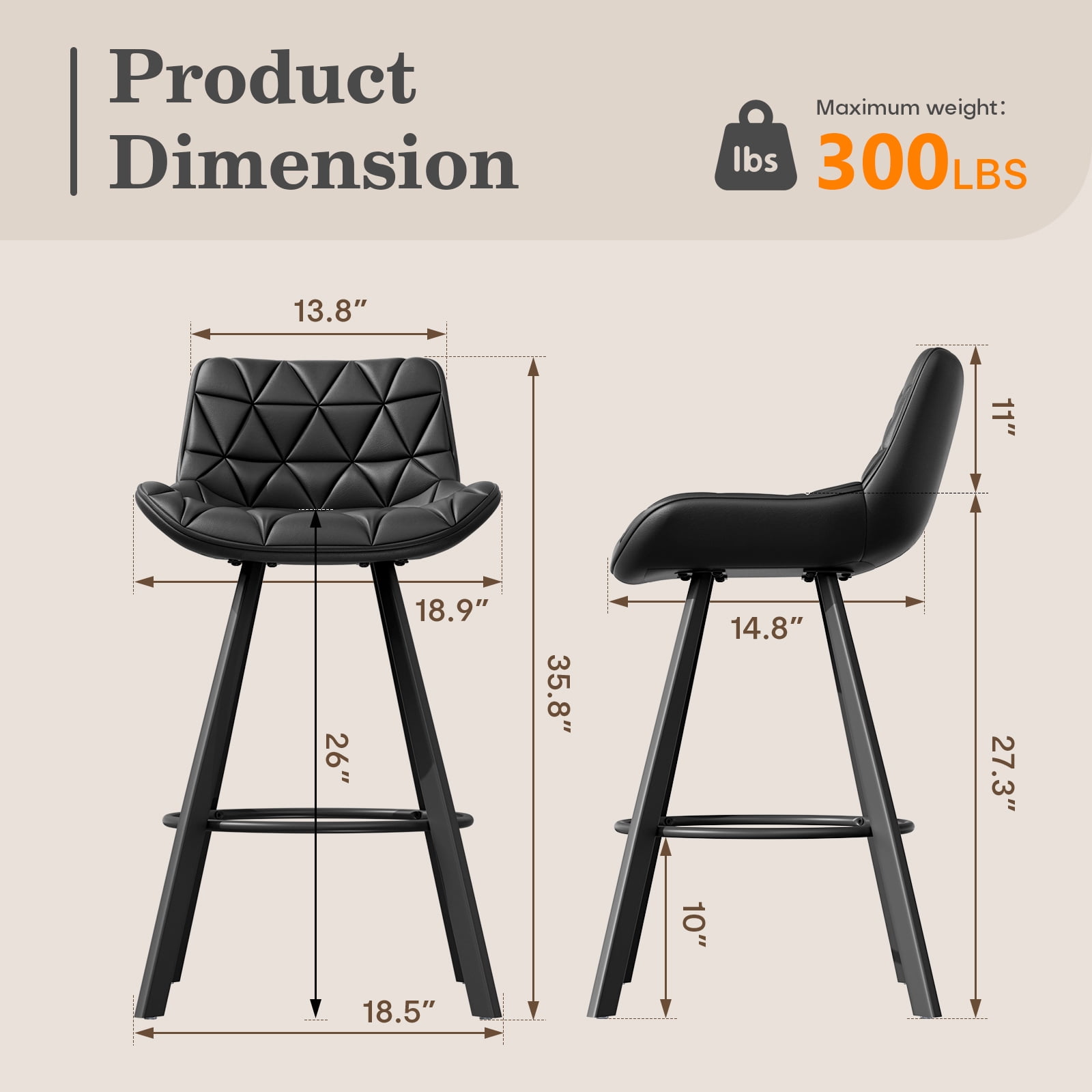 HomeZeer Bar Stools Set of 6, 26" Counter Height Bar Stools with Low Back and Footrest, PU Leather Upholstered Seat, Metal Legs Bar Chairs for Kitchen Island Dining, Black