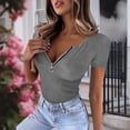 thumbnail image 2 of Fengqque Women's Knitted Rib T Shirt Half Zip V Neck Short Sleeve Casual Summer Slim Fit Top Gray L(L), 2 of 6