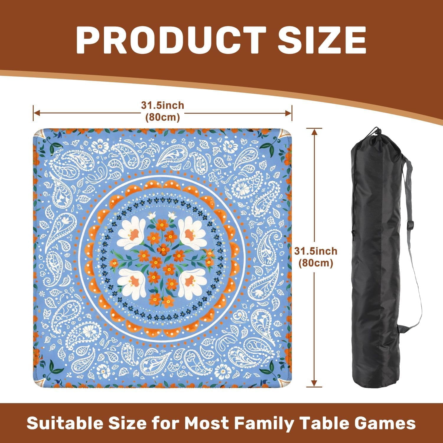 Mahjong Mat with Carrying Bag 31.5" x 31.5" Non-Slip Noise Reduction Floral Mandala Blue White Paisley Motifs Orange Flowers Table Mat for Mahjong Poker Dominoes Card Board Tile Games
