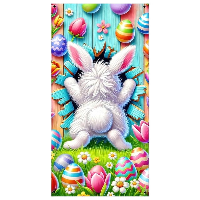 Easter Spring Doorway Banner, Festive Outdoor Porch Wall Decor, 35.4 x 70.9 Inches, Multicolor Polyester