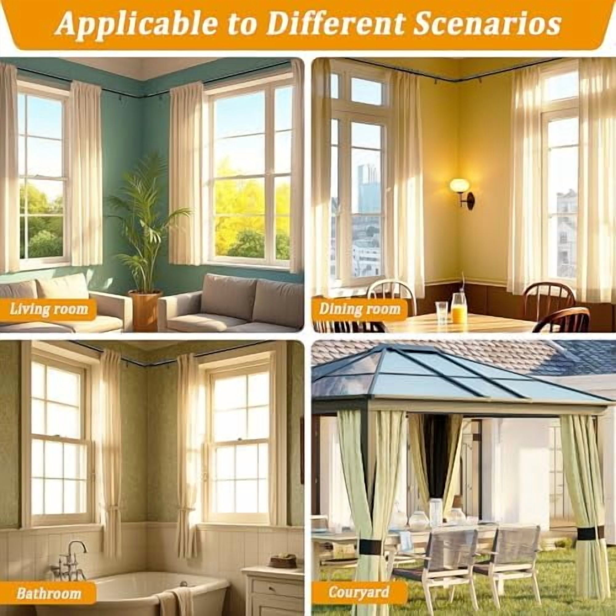 Corner Window Curtain Rods, L Shape Heavy Duty Curved Curtain Rods for Curtain Windows with Brackets, 30-136" Adjustable Curtain Rods for Bedroom, Living Room, Dinging Room, Black