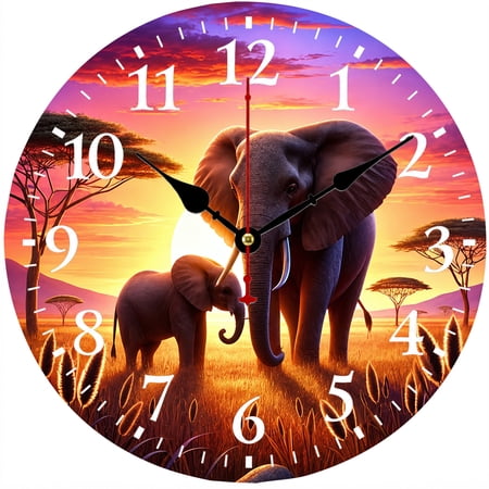 9.84 Inch Elephant Wall Clock, African Safari Sunset Decorative Battery Operated Analog Clock for Living Room Bedroom Kitchen Office