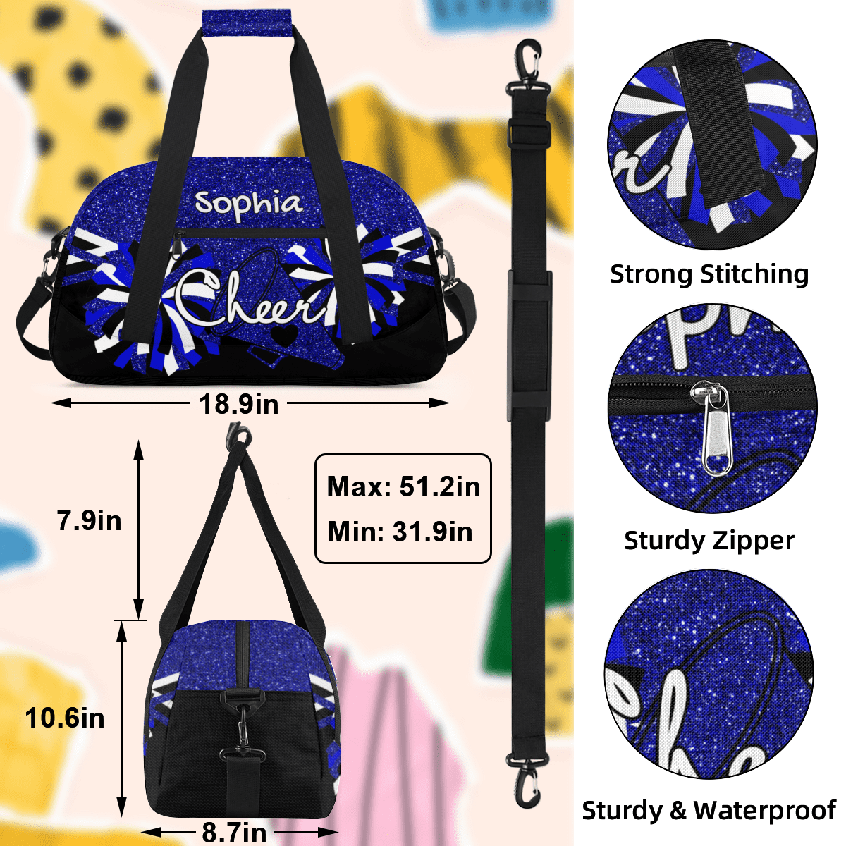 Jiaoprinted Personalized Sport Duffel Bag, Custom Cheer Dance Bag with Name, Customized Sport Gym Bag for Cheerleaders, Travel Duffle Bag for Women, Blue Glitter