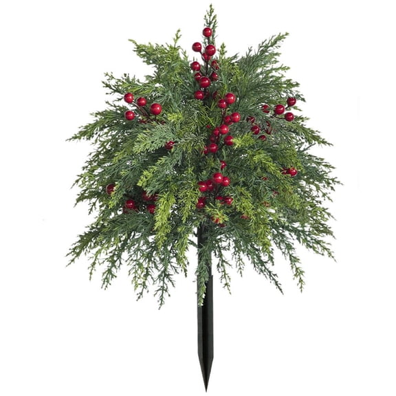 IFRINID Christmas Artificial Cedar Garden Stake, 21.25 Inch Plastic Greenery Pick with Red Berries and Ground Spike for Yard, Planter and Holiday Decor