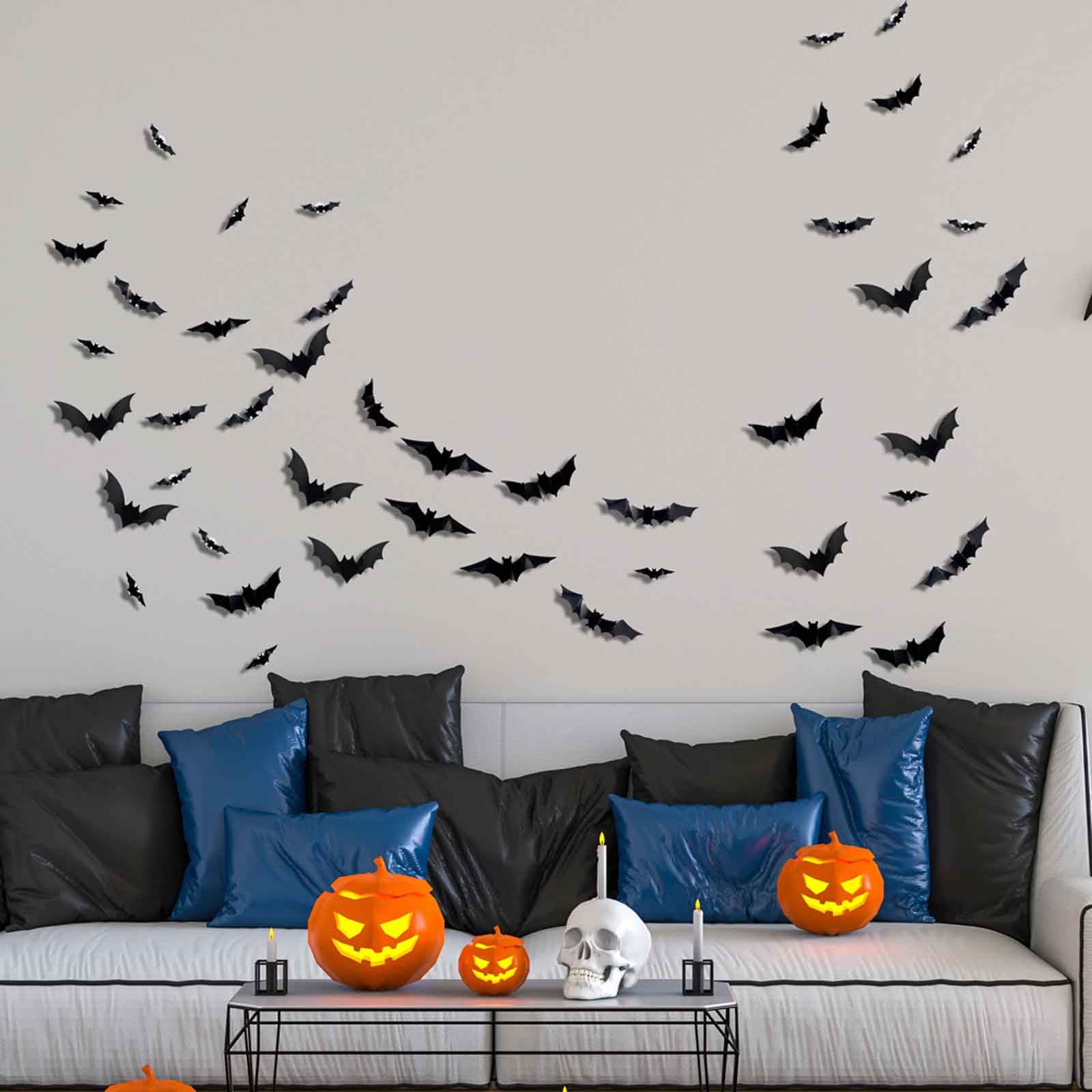 Pompotops Halloween Decorations Three-dimensional Halloween LED Night Light Bats Holiday Party Window Display Garage Decoration PVC Flash Wall Stickers 12/24/48/60pcs