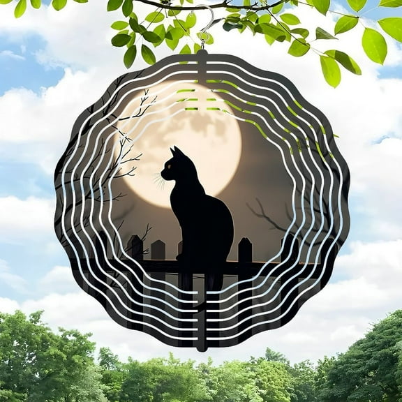 3D Metal Hanging Wind Chimes - Spiral Design with Cat Silhouette & Moon - Whimsical Garden Decor for Serene Outdoor Spaces