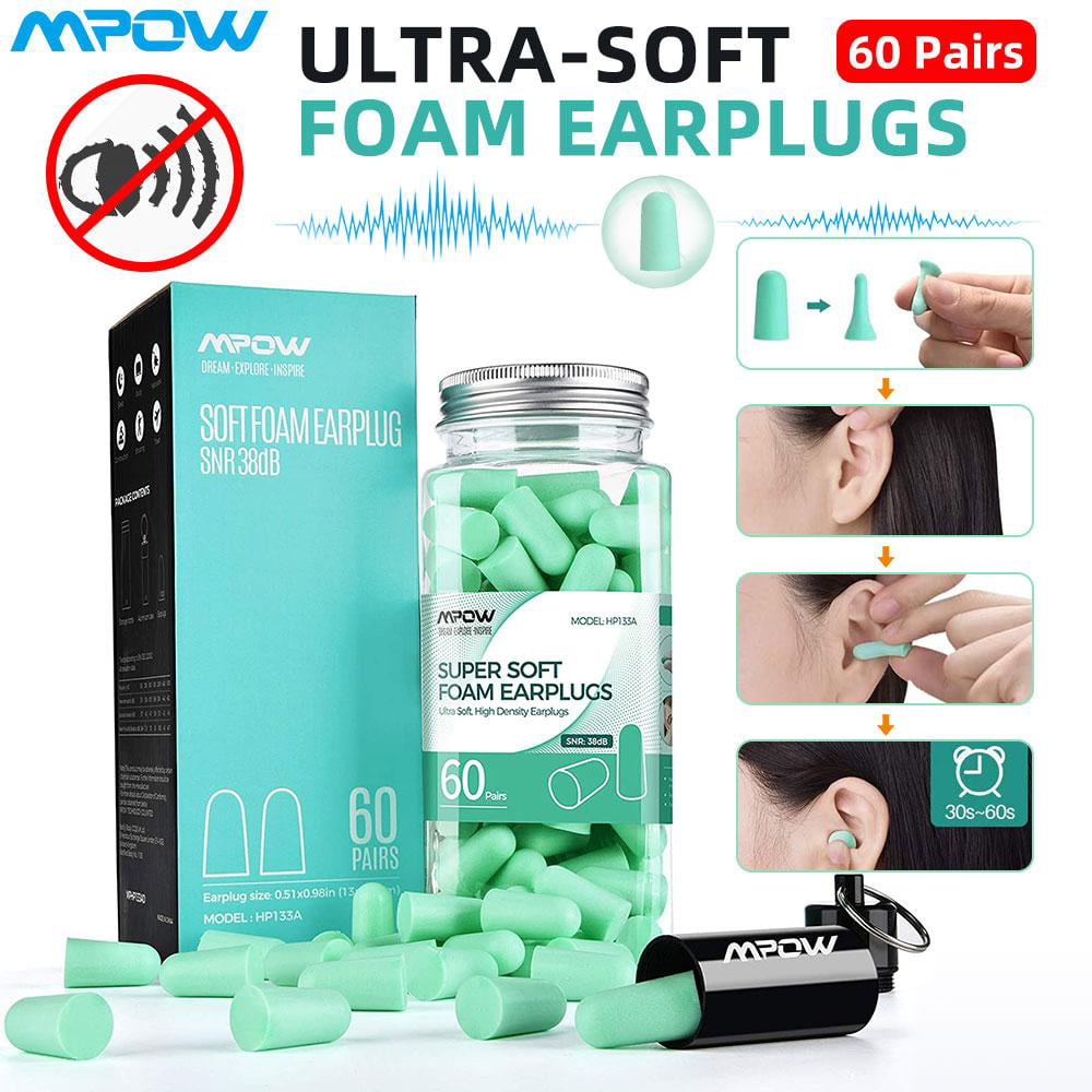 Details about   Mpow Noise Reudction 38db Ear Plugs 60 Pairs Sleeping Ultra Soft Foam Earplugs 