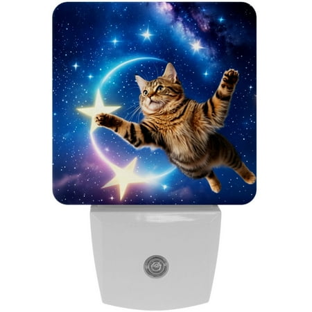 

Plug in Led Night Light with Auto Dusk to Dawn Sensor White Nightlights for Hallway Bedroom Kids Room Kitchen Stairway 2 Pack Galaxy Cat Flying Universe Milky Way Starry Sky Funny