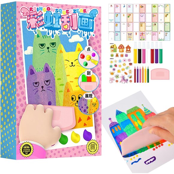 DIY Rainbow Scratch Painting, DIY Christmas Rainbow Scratch Painting, Squeegee Art Kids Paint Kit, Rainbow Scratch Paper, Scratch Art for Kids, DIY Postcards