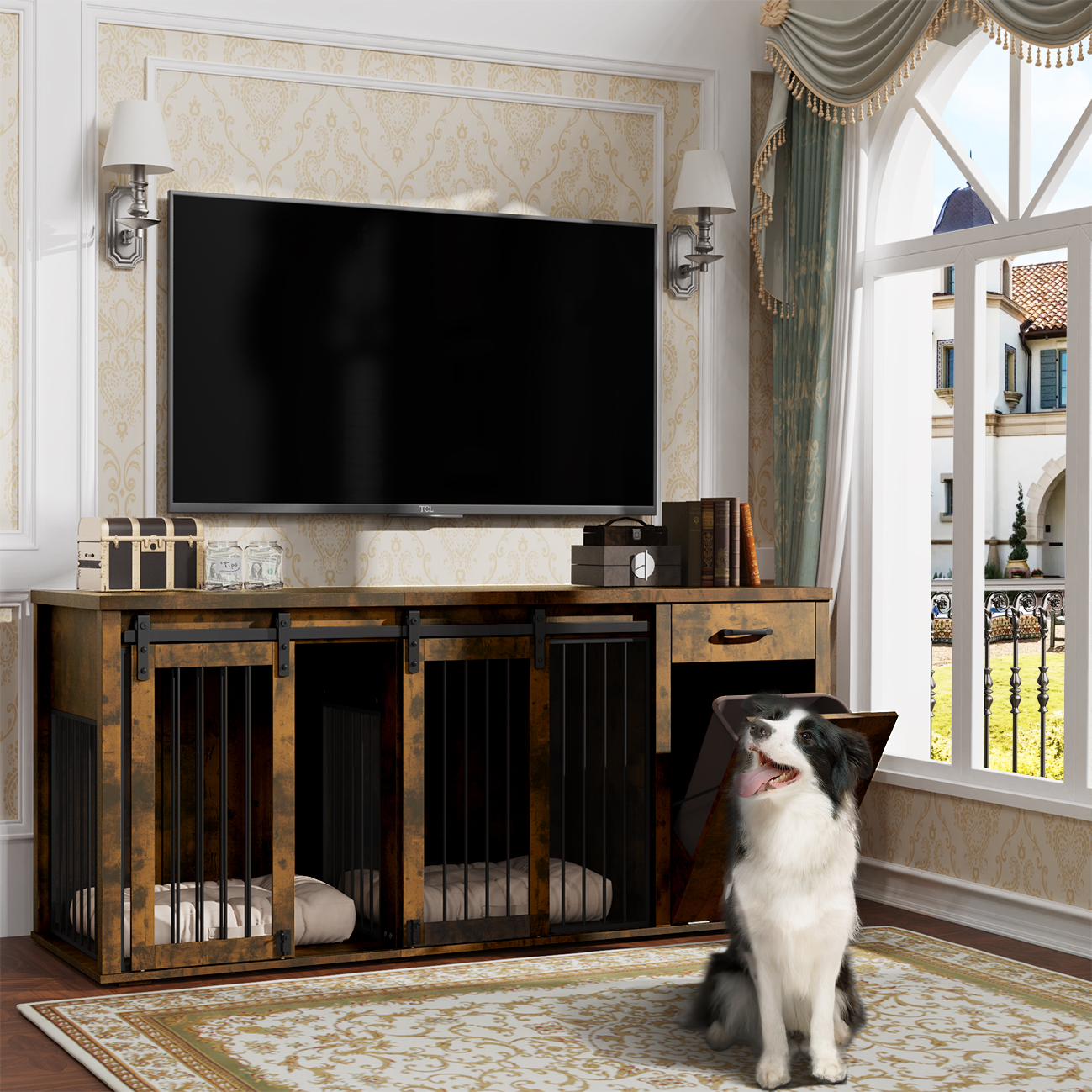 Multi- Functional Dog Crate Furniture for 2 Dogs with Divider and Sliding Doors, Large Dog Kennel with Storage Drawer and Tilt Out Trash Cabinet,Rustic Brown