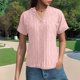 thumbnail image 2 of Camisa de punto jacquard holgada con cuello en V para mujer: manga corta, detalle de cordones, informal de verano, fácil de cuidar, 2 of 7