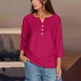 thumbnail image 2 of Htigea Women 3/4 Length Sleeve T Shirts Casual Notch V Neck Tunic Tee Solid Color Button Pullover Loose Fit Tshirt Hot Pink,L, 2 of 6