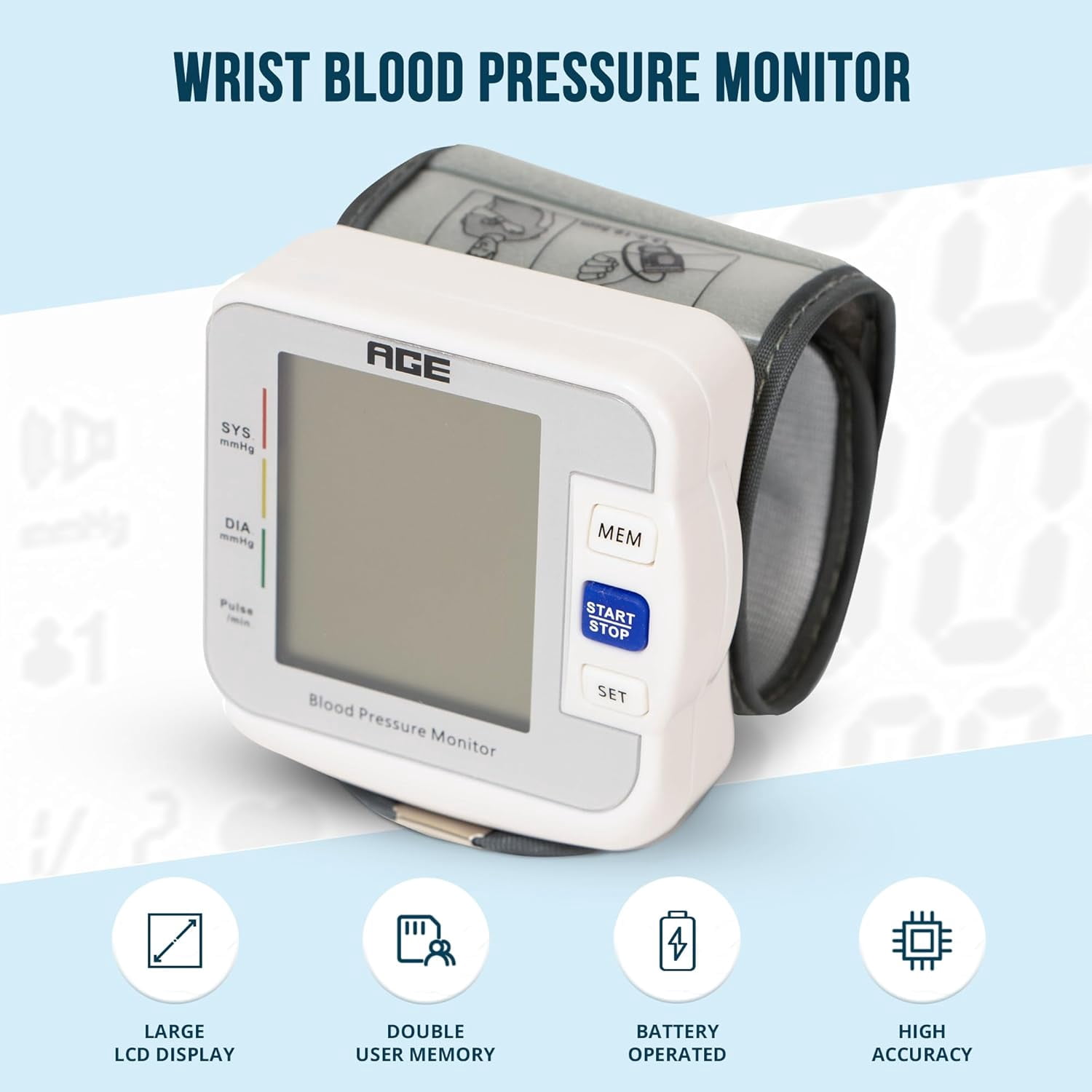 Primacare DS-8006 Wrist Blood Pressure Monitor with Case, Battery Operated, 2x90 Memory