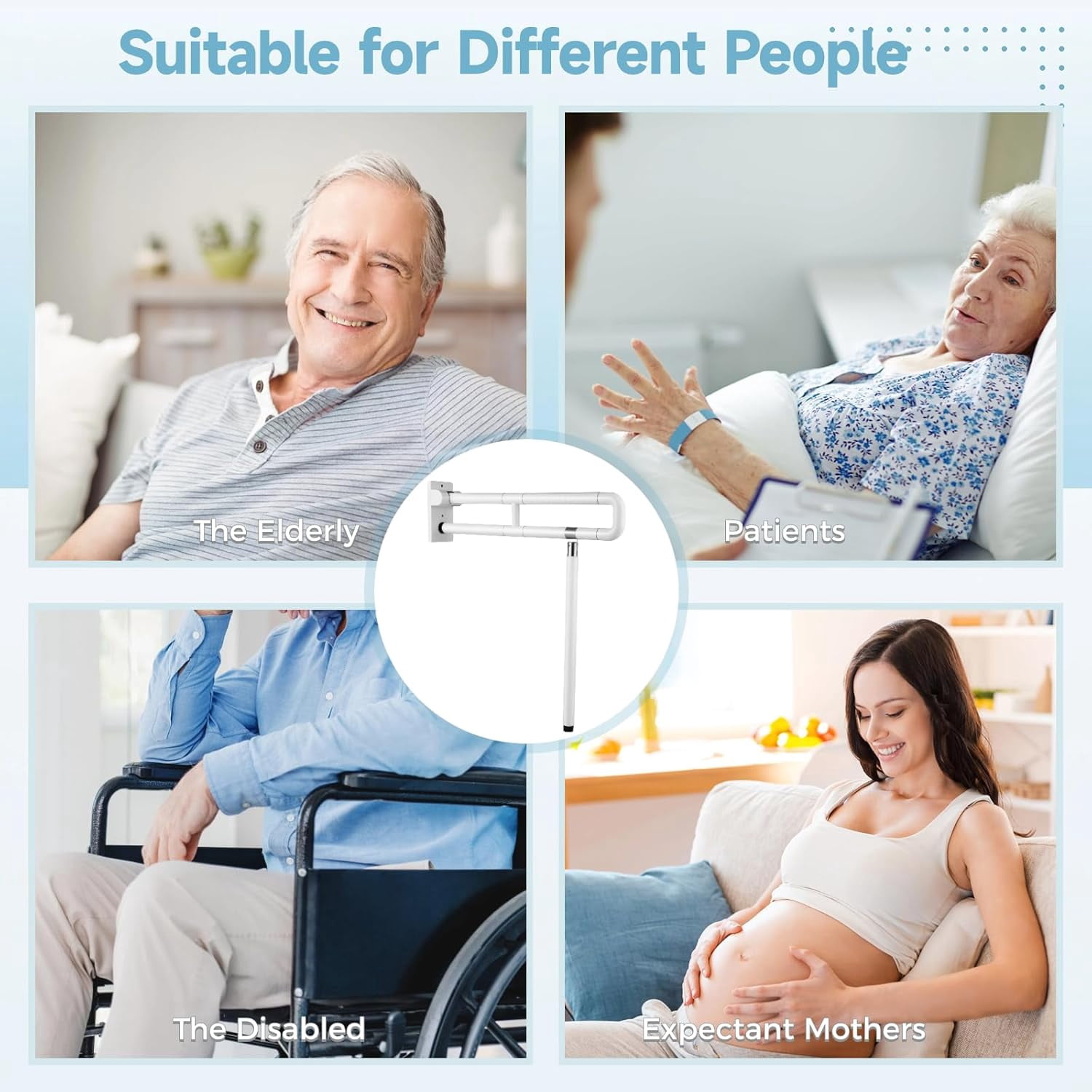 Flip Up Handicap Grab Bar, Wall Mounted Folding Toilet Safety Rail with Floor Support, Non-slip Toilet Handle for Bathroom, Assist Bar Handrails for Elderly Disabled Senior Pregnant